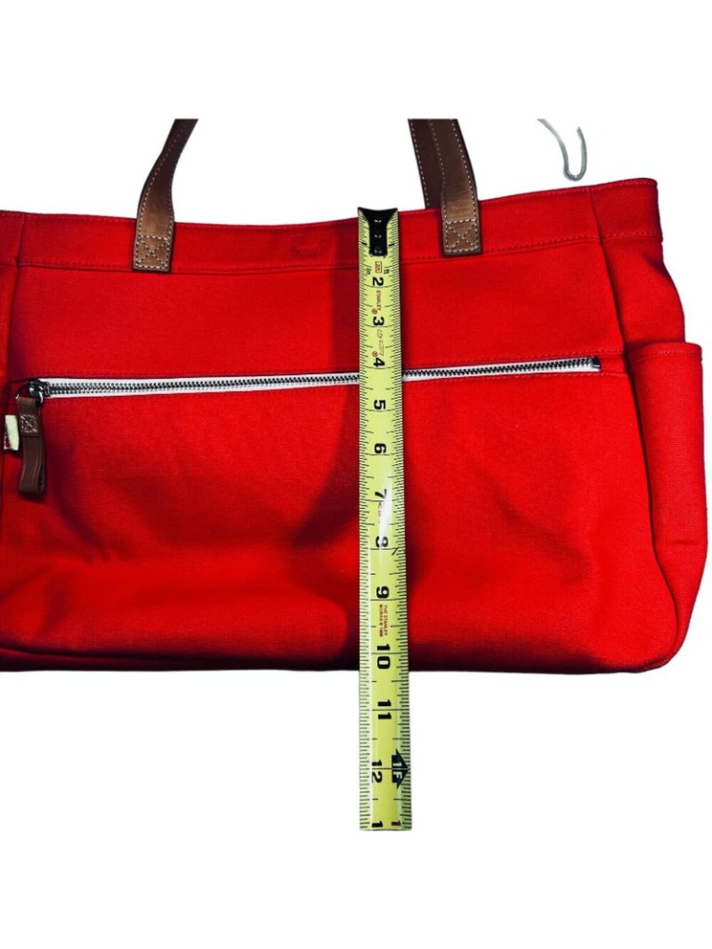 Fossil Orange Coated Canvas Purse Hand Bag Leather Handles Front Zip Pocket Tote - Picture 11 of 13